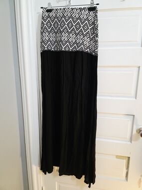 Black Maxi Skirt with Geometric Black & White Waistband